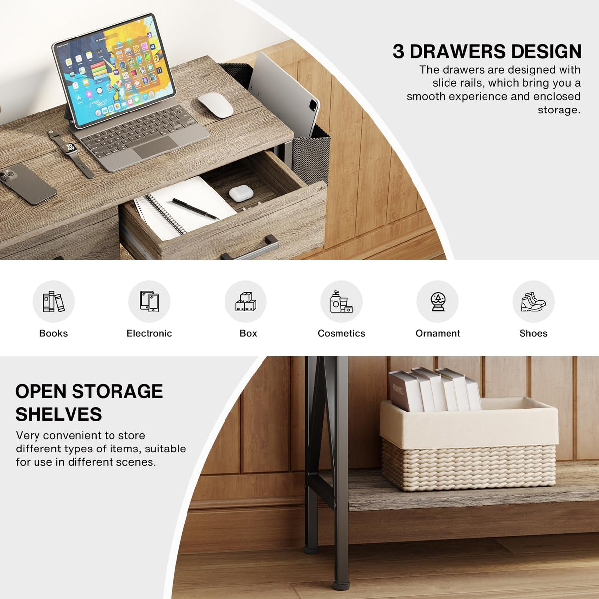 Gizoon 47" Console Table with 3 Drawers, Industrial Entryway Table with 3 Tier Storage Shelves, Narrow Long Sofa Table for Entry Way, Hallway, Couch, Living Room, Kitchen, Grey Gizoon