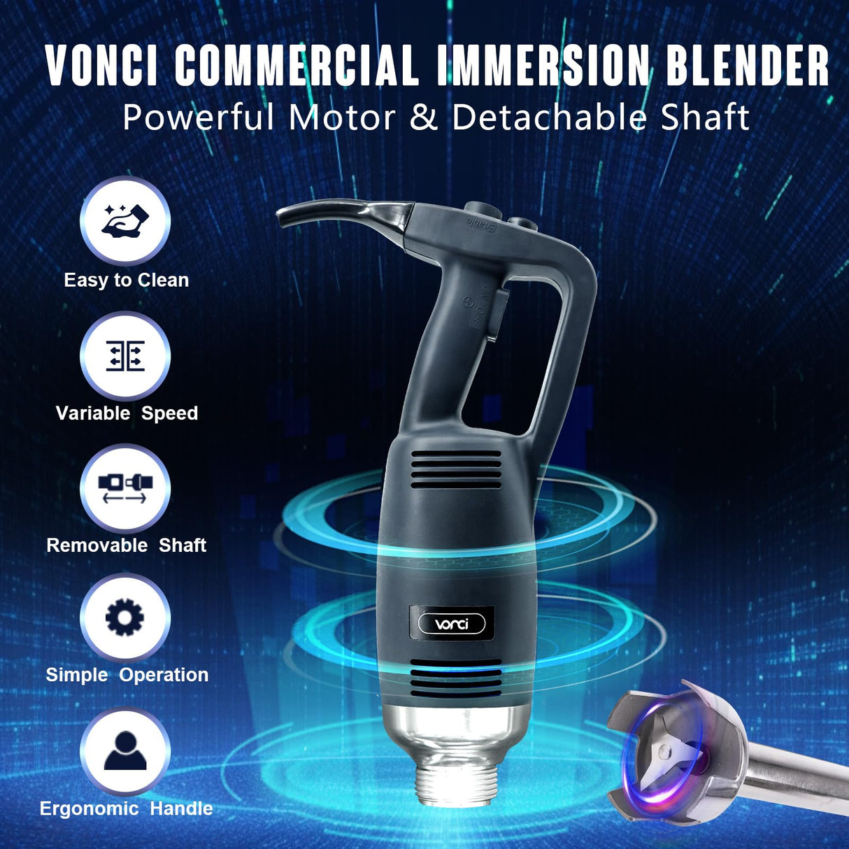 VONCI 500W Commercial Immersion Blender, 16" SUS 304 Removable Shaft, Heavy Duty Power Hand Mixer with Variable Speed 6000-20000RPM, Professional Electric Stick Blender for Restaurant Kitchen Use. VONCI