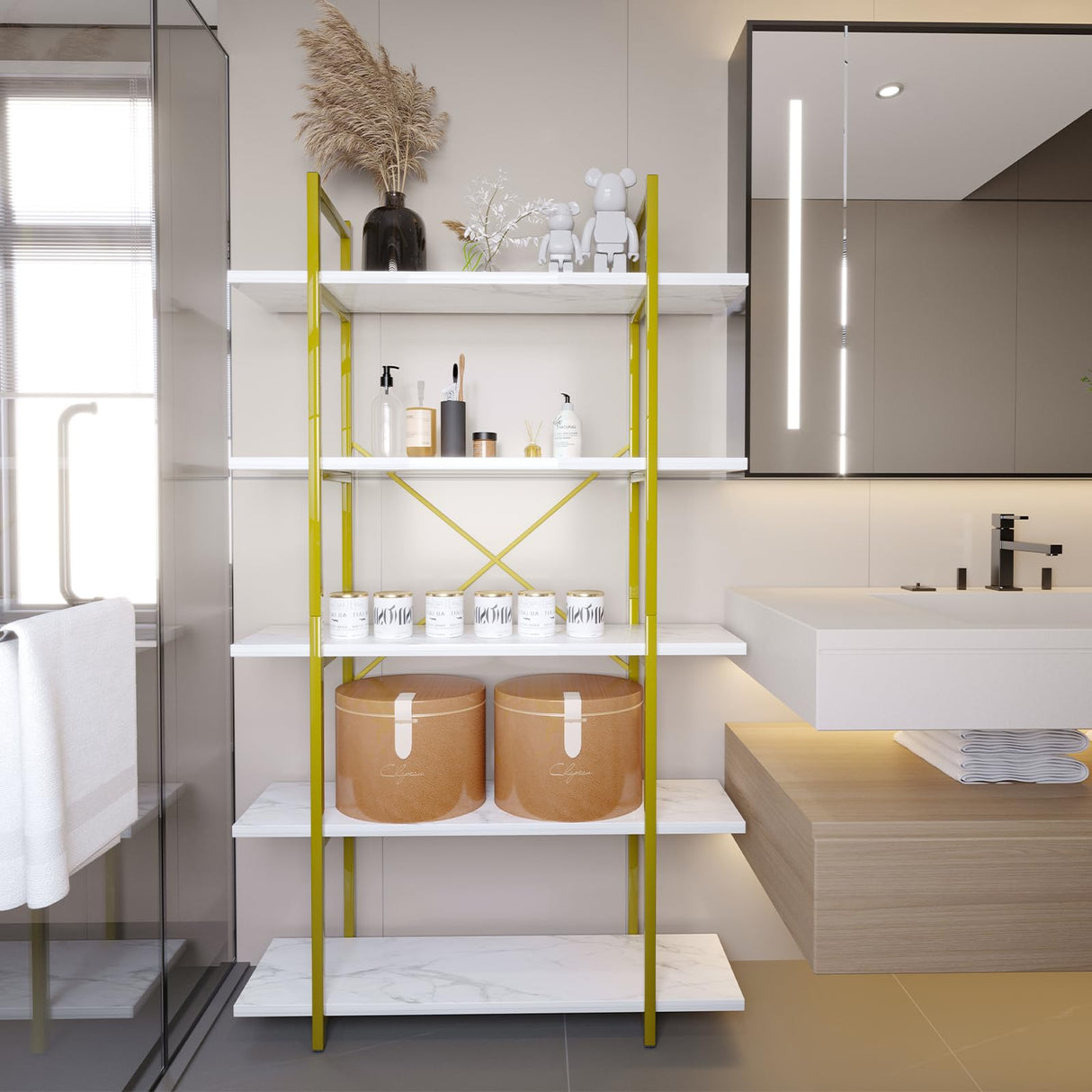 Azheruol Modern 5-Tier White Faux Marble Bookshelf with Metal Frame for Stylish Home Organization Azheruol