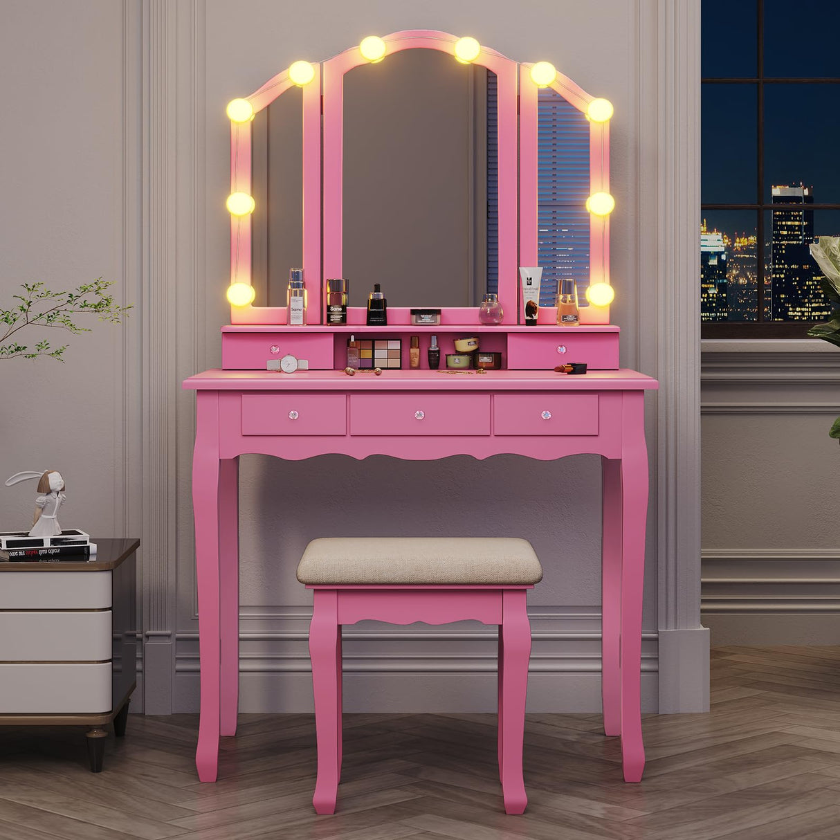 Tiptiper Vanity Desk with Tri-Fold Mirror and Lights, Makeup Vanity with Wood Upholstered Stool, Vanity Table with 5 Drawers & 8 Jewelry Hooks, Small Vanity, Pink Tiptiper