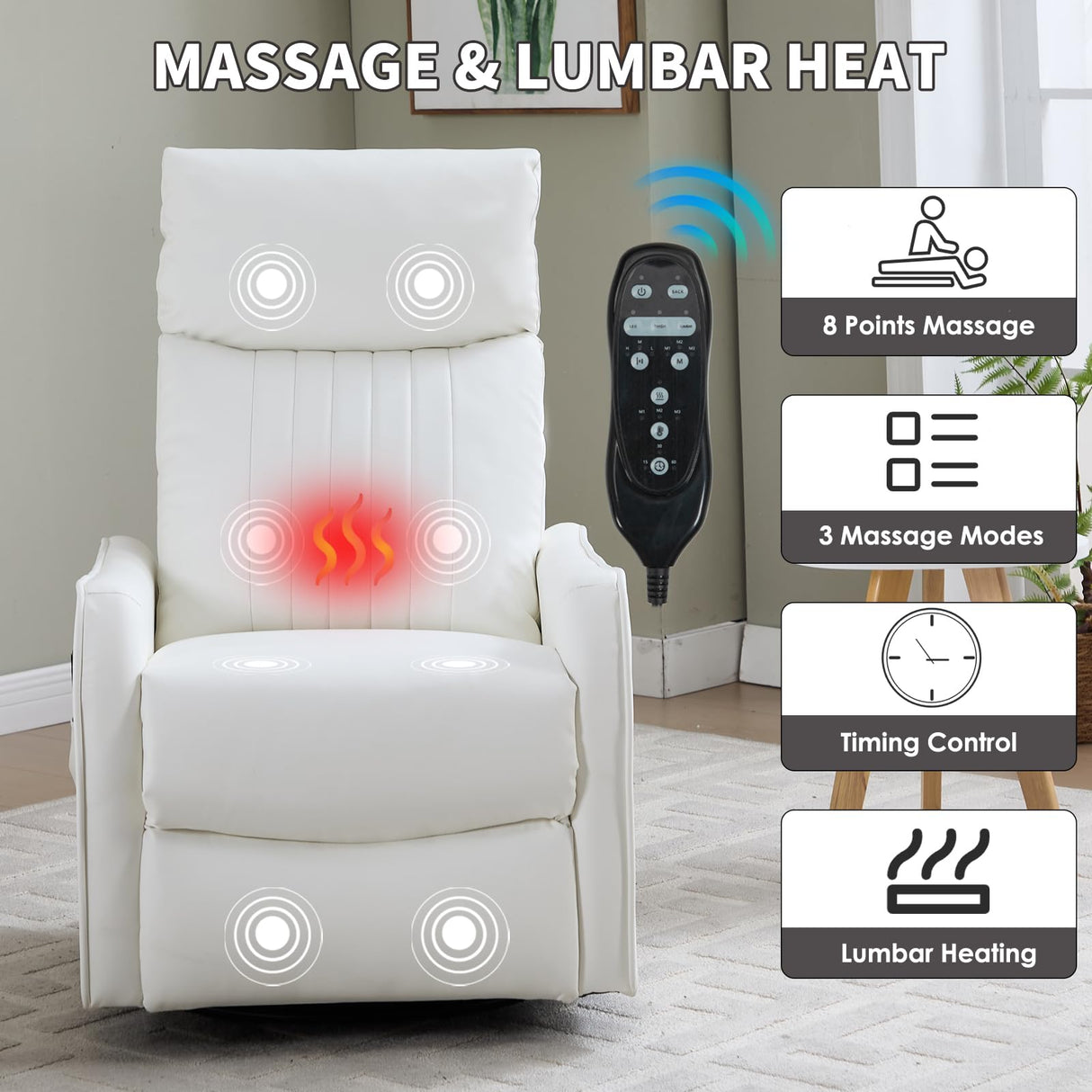 Trustyue Swivel Rocker Recliner Chair, 360° Swivel Recliner with Heat and Massage, Rocker Recliner Upholstered Fabric Nursery Glider Recliner Chair with Side Pockets for Living Room PU White Trustyue