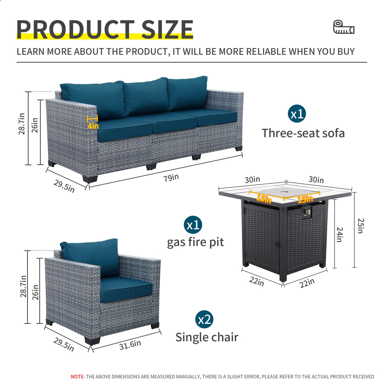 Lviden 4 Piece Wicker Patio Furniture Sets Outdoor Conversation Set PE Rattan Sectional Sofa Couch with Fire Pit Table and Peacock Blue Cushions Lviden