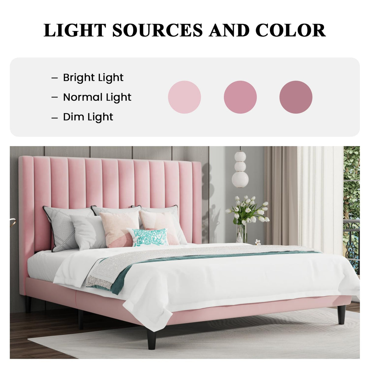 SHA CERLIN King Bed Frame/Velvet Upholstered Platform Bed Frame with Headboard/Strong Wood Slats Support/Mattress Foundation/No Box Spring Needed - Pink SHA CERLIN