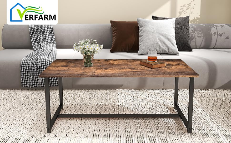 VERFARM 35.4" Rectangular Coffee Table for Living Room, Modern Industrial Style Coffee Table Center Table with Metal Frame for Small Space, Apartment, Office, Easy Assembly, Brown VERFARM
