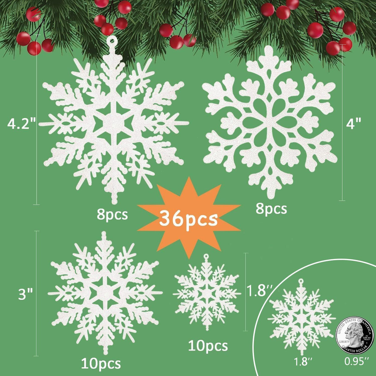 36pcs Snowflakes-Christmas Tree Decorations, Snowflake Ornaments for Tree, Plastic Glitter White Snow Flakes Ornaments, Christmas Indoor Winter Wonderland Decor kockuu
