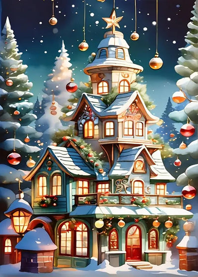 Christmas House Tree Ball Diamond Art Kits for Adults, 5D Diamond Painting Kits for Adults Beginners, DIY Full Round Drill Diamond Dot Painting Gem Art Kits for Adult, Home Wall Decor 11.8x15.7 Inch