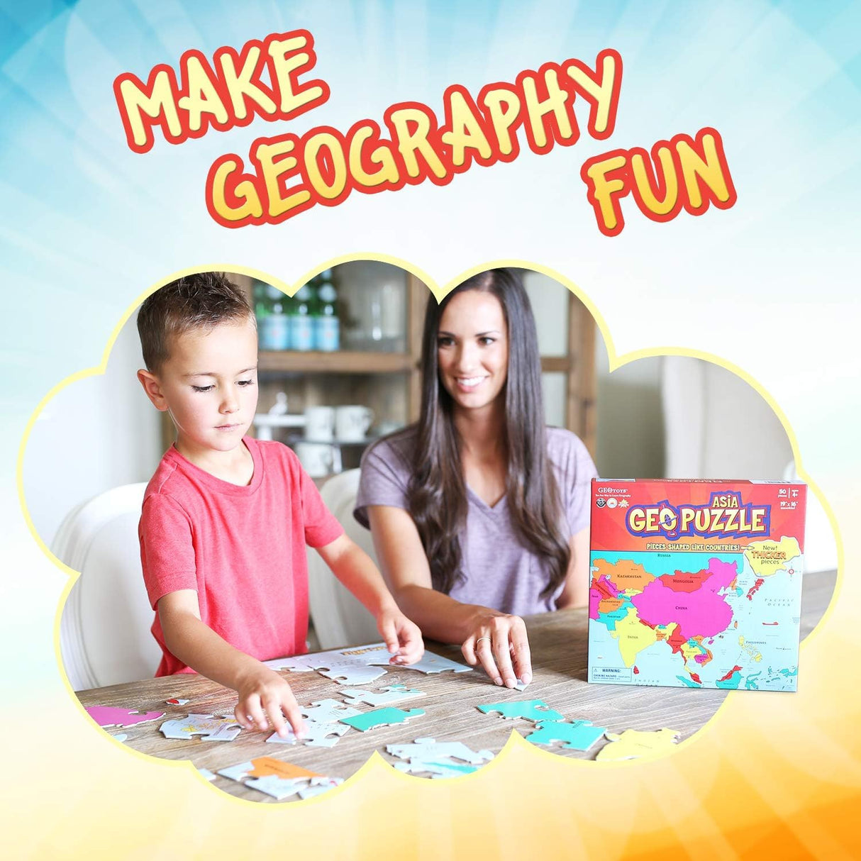 GeoToys GeoPuzzle, Asia Shaped Jigsaw Puzzles, 50 Pc Geography Puzzle, Geography Game & Map Puzzle, Jigsaw Puzzles for Kids Ages 6-9 Years Old Geotoys