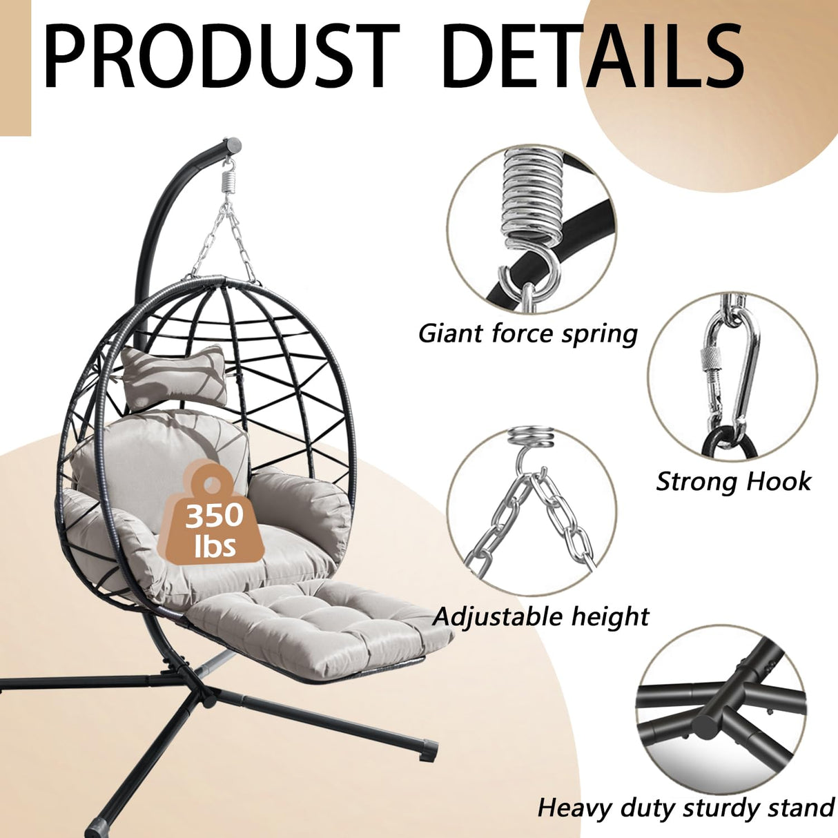 Indoor Outdoor Hanging Egg Chair with Stand & Leg Rest – Heavy-Duty Steel Frame, Handwoven Rattan Swing Chair for Patio, Garden, Bedroom – 350 lbs Capacity, Ergonomic Design (Grey) Nevsokio