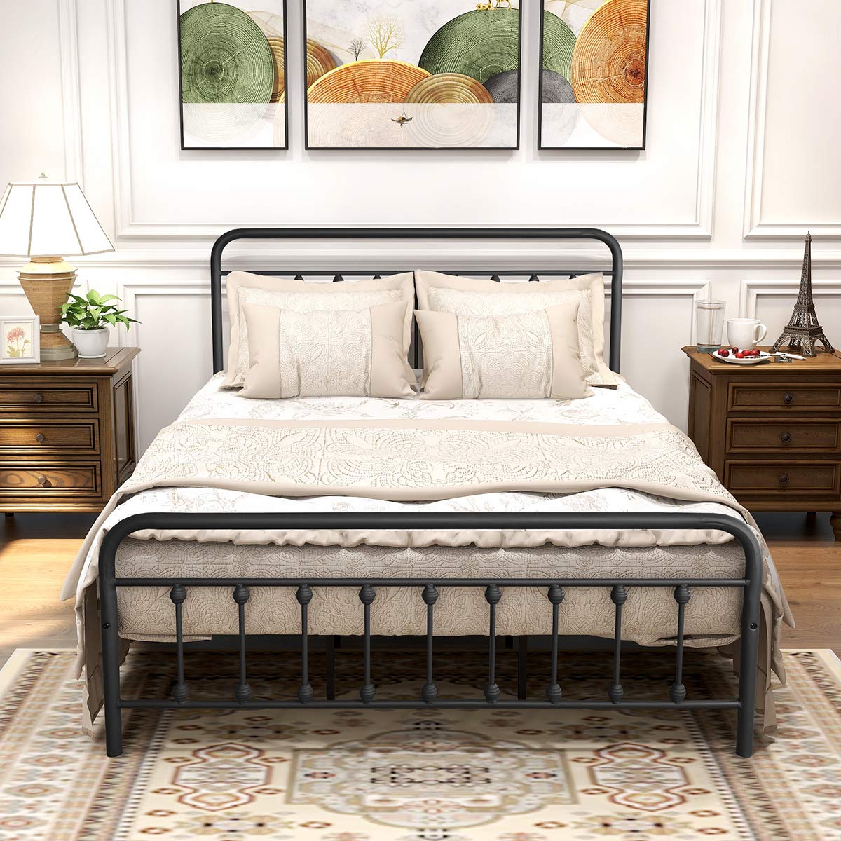 DUMEE Textured Black Metal Queen Bed Frame with Vintage Headboard & Footboard, No Box Spring Needed DUMEE