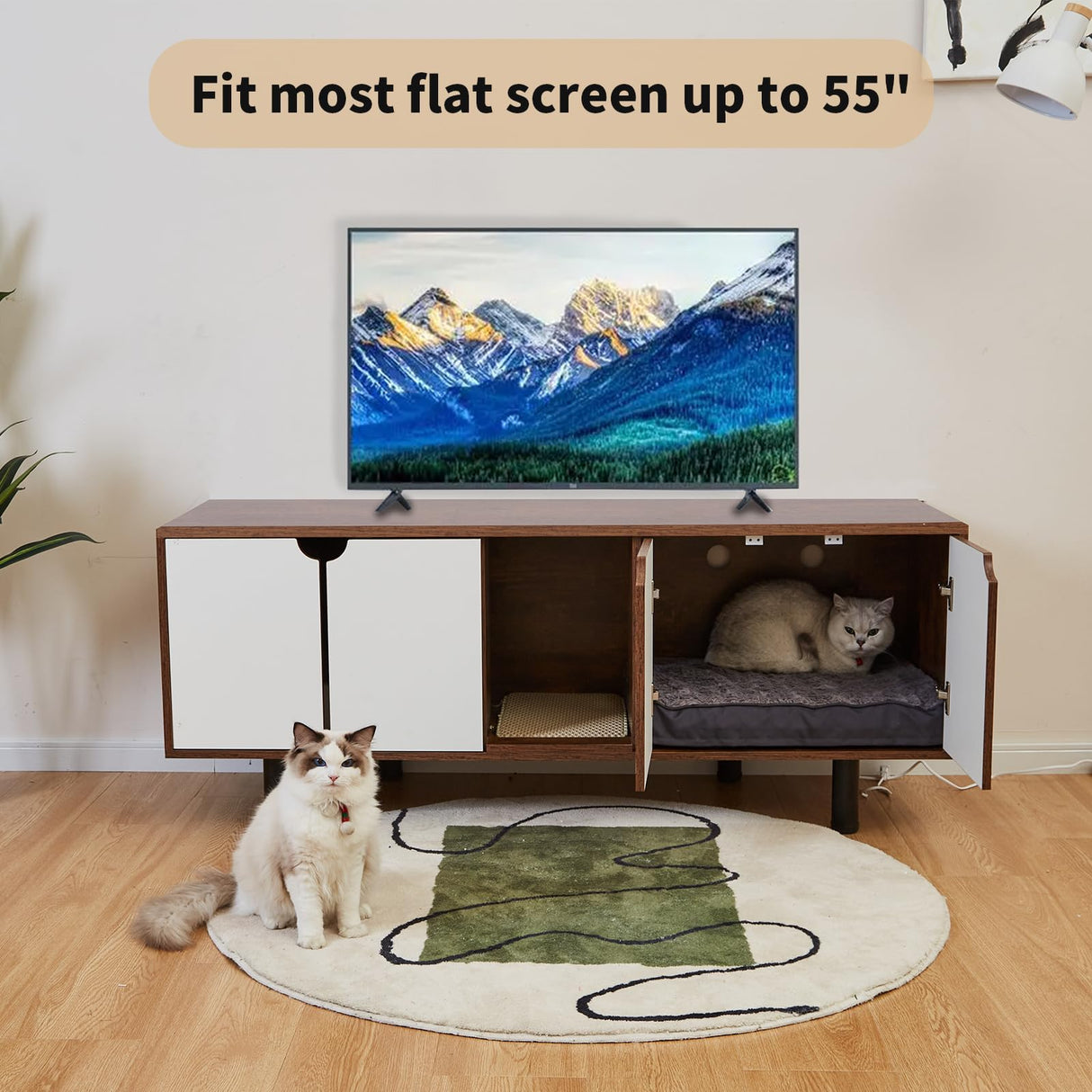 DOICAH Cat Litter Box Enclosure for 2 Cats, Hidden Cat Litter Box Furniture with Double Room,Indoor Cat Condo TV Stand, Double Litter Box Enclosure,Wooden Cat House,Litter Box Furniture DOICAH