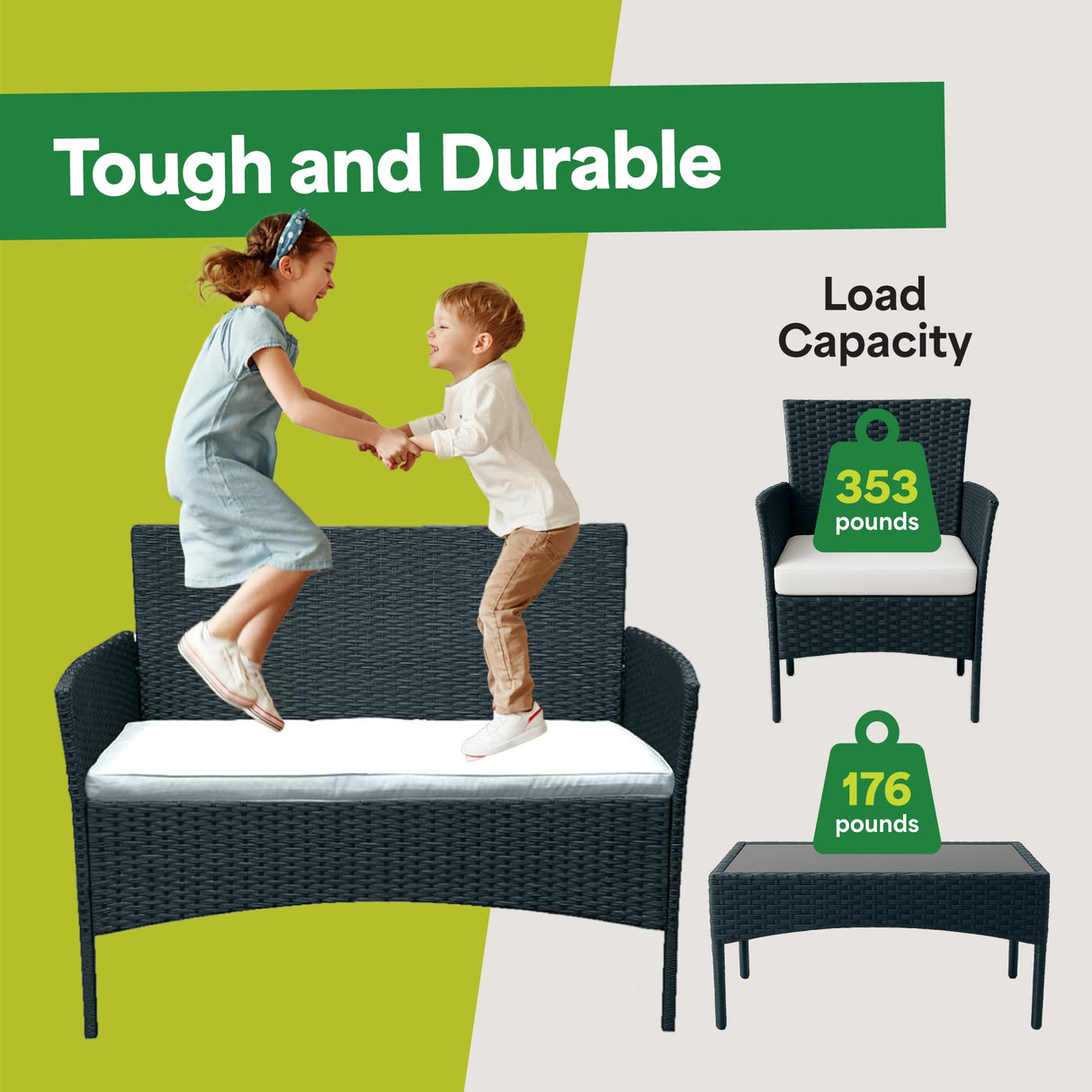 EconoHome 4-Piece Outdoor Patio Furniture Set - Patio Set with 2 Rattan Chairs, 1 Loveseat & 1 Glass -Top Coffee Table - Weather-Proof Wicker with Cushions - Conversation Set for Porch, Balcony, Lawn EconoHome