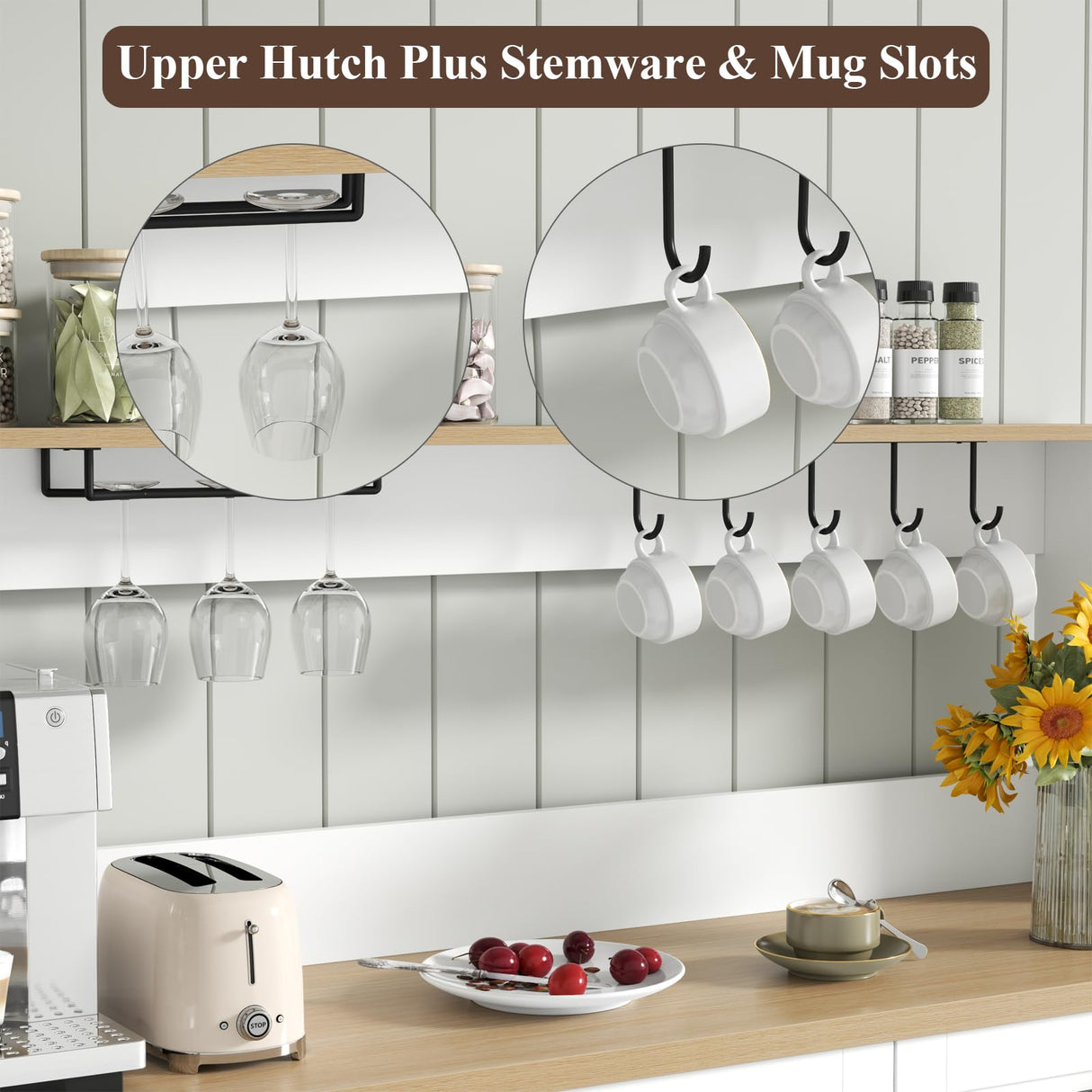 Gyfimoie Farmhouse Bar Cabinet with Hutch, Kitchen Buffet Cabinet with Storage Cabinet & 3 Sliding Drawers, Adjustable Shelf, Goblet Holder, Cup Hooks for Living Room, Dining Room Use (White) Gyfimoie