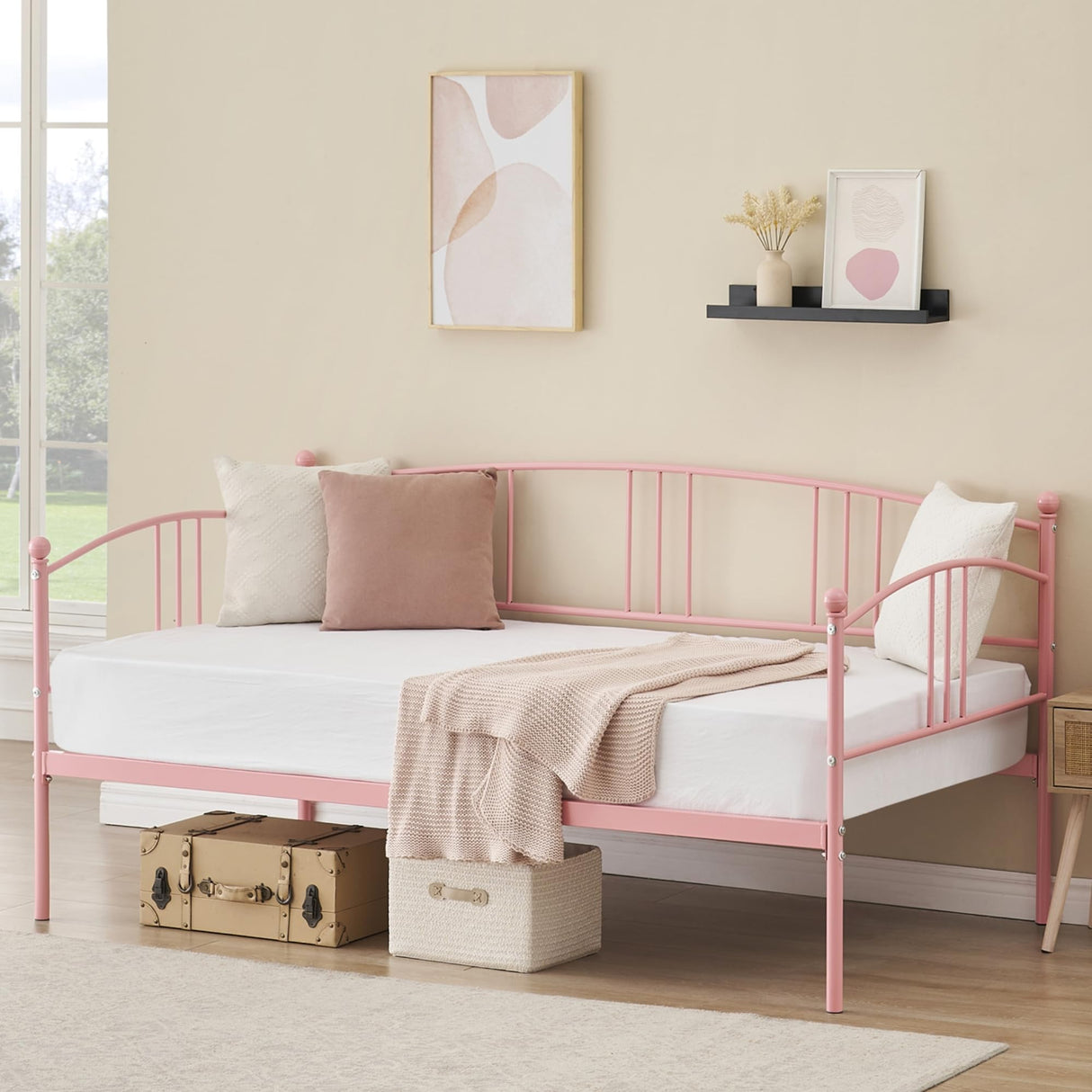 IDEALHOUSE Twin Daybed with Trundle, Metal Twin Size Daybed with Pullout Trundle 6 Casters, Steel Slat Support Sofa Bed for Living Room, Bedroom, Guest Room (Black/White/Pink/Purple) IDEALHOUSE