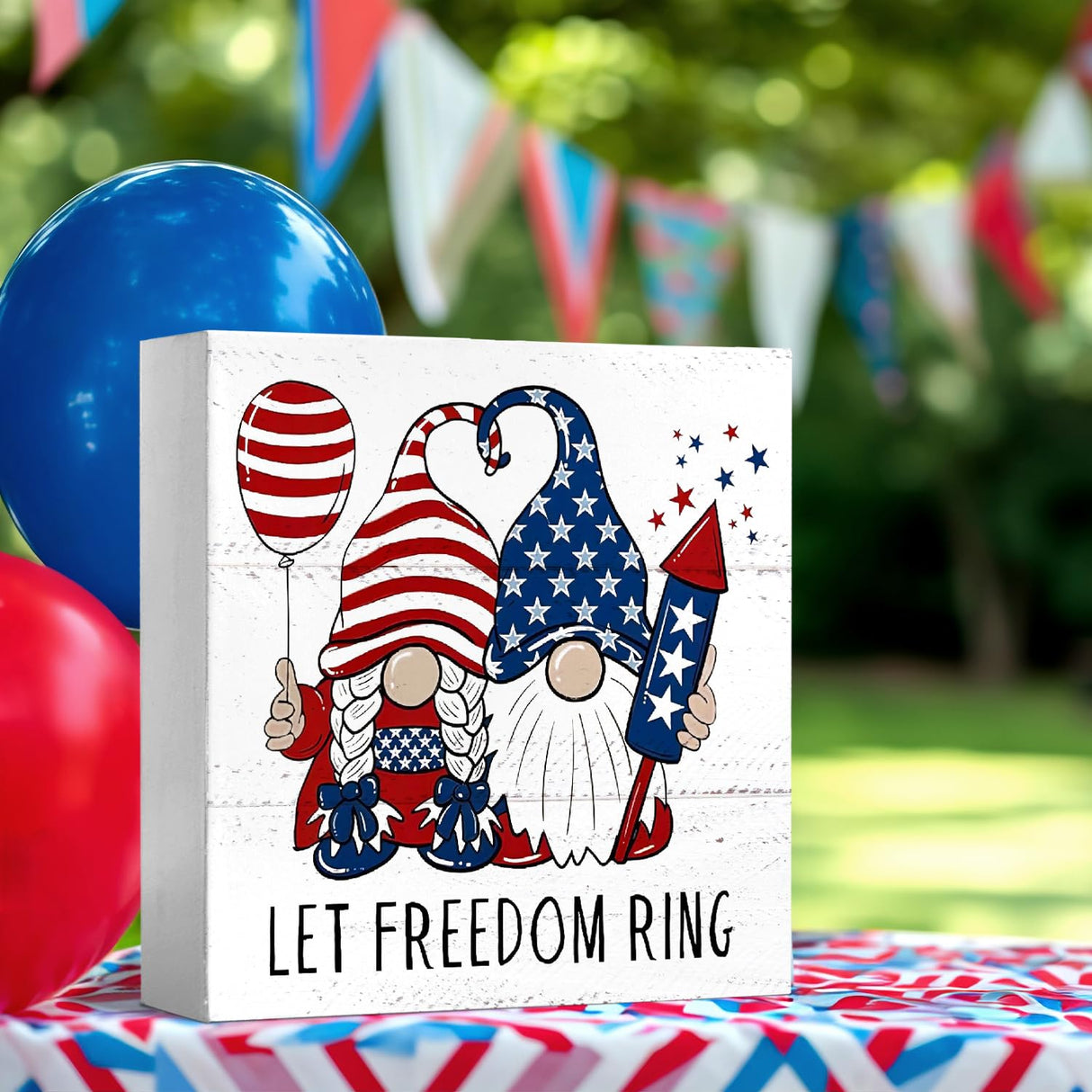 JXREQ 4th of July Decorations, Patriotic Decor Wood Box Sign, Independence Day Tiered Tray Decor, Farmhouse Rustic Gnomes Let Freedom Ring Sign, Home Office Bedroom Table Decoration, 5x5 Inch JXREQ
