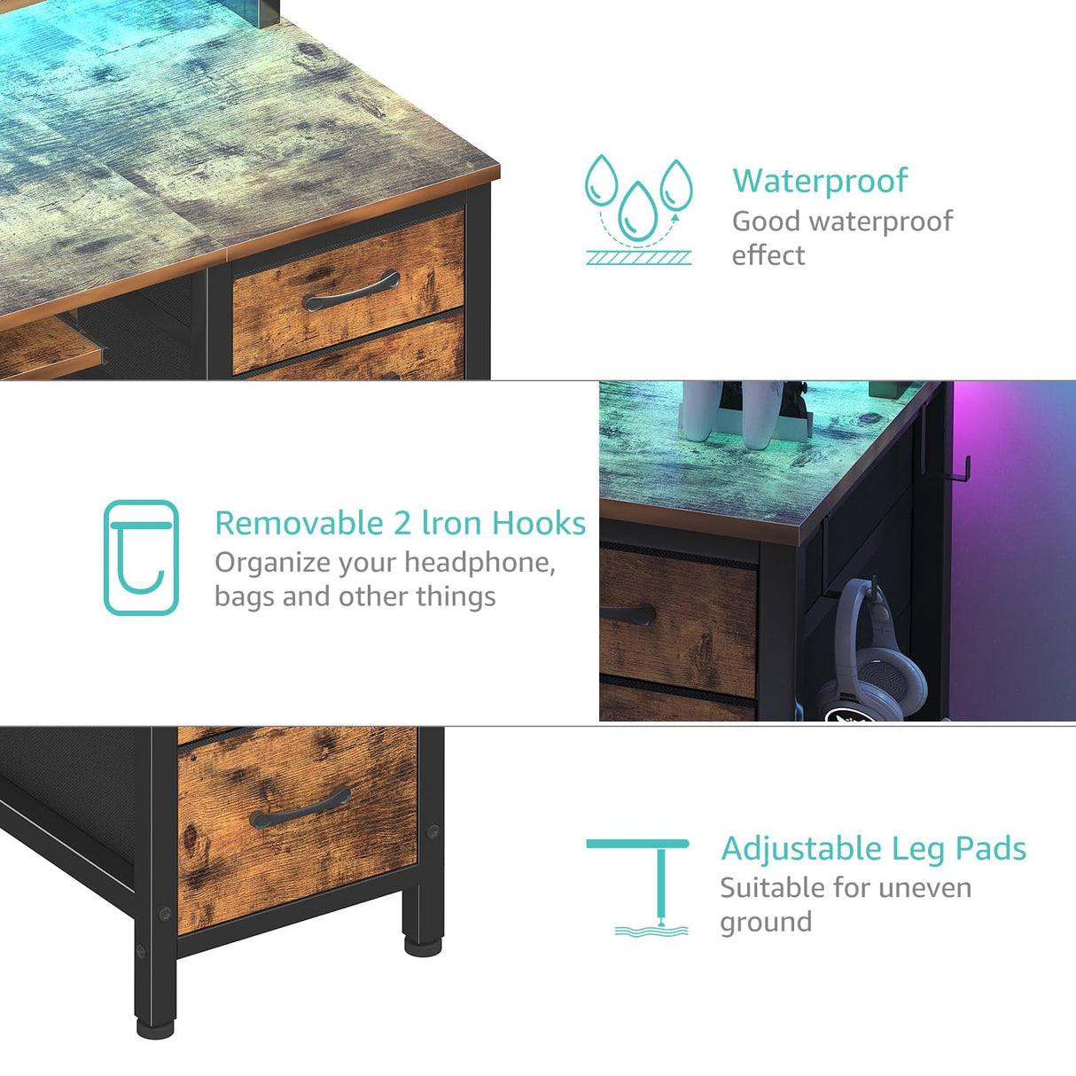 Lufeiya Computer Desk with File Drawers Cabinet, 47 Inch Home Office Desks with Keyboard Tray, Gaming Desk with LED Lights and Power Outlets, Writing Table PC Desks with Monitor Stand, Rustic Brown Lufeiya