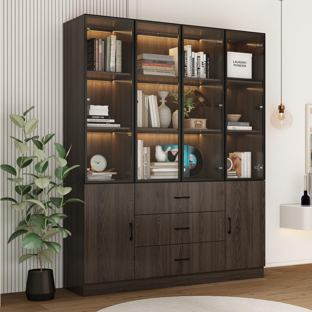 FAMAPY Display Cabinet with Glass Doors & Lights, Display Case with Adjusatble Shelves & 3 Drawers, for Curio Trophy Living Room Home Office, Brown, 15.7”D x 63”W x 78.7”H FAMAPY