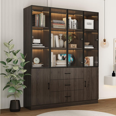 FAMAPY Display Cabinet with Glass Doors & Lights, Display Case with Adjusatble Shelves & 3 Drawers, for Curio Trophy Living Room Home Office, Brown, 15.7”D x 63”W x 78.7”H