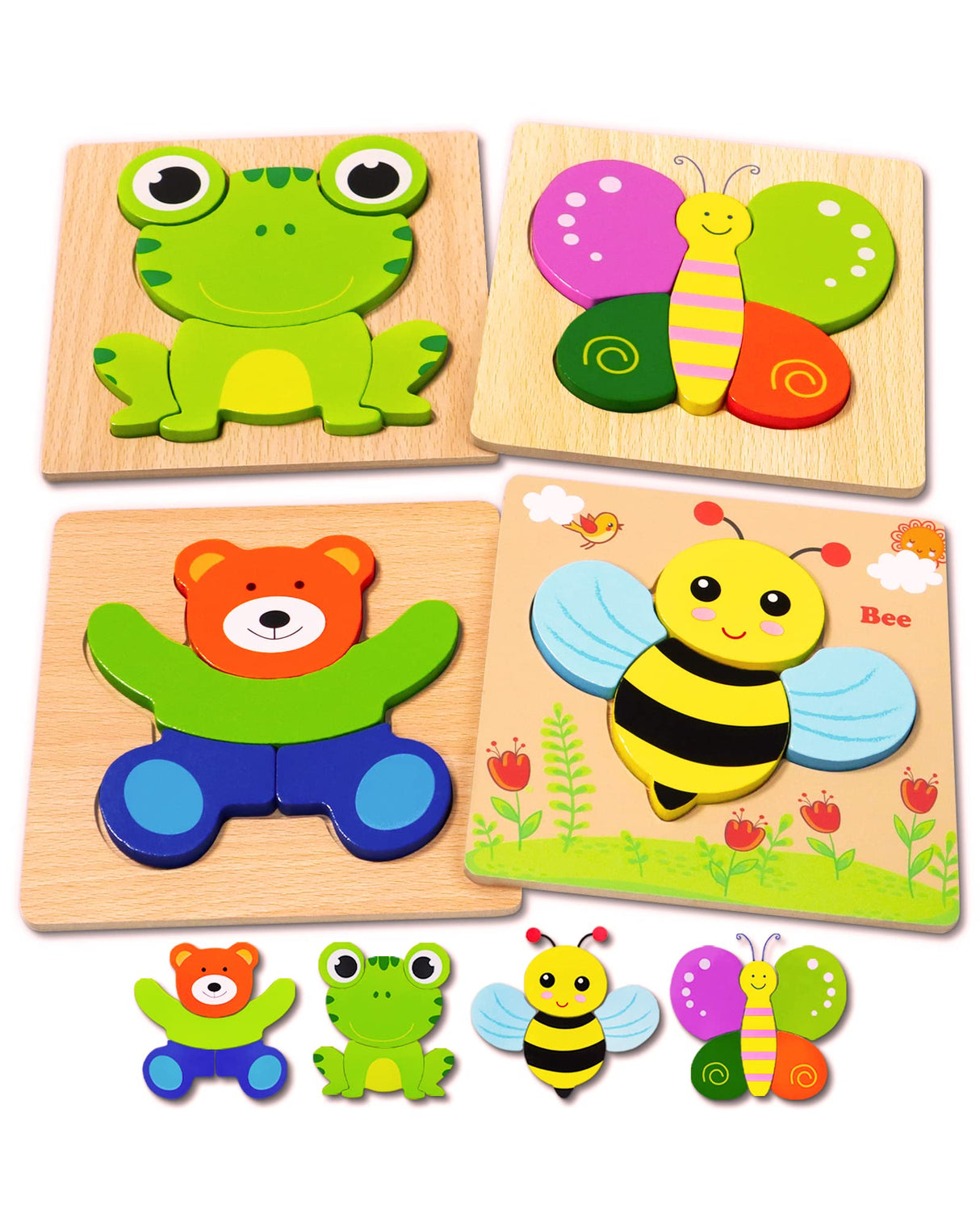 Bekayshad Wooden Puzzles Toddler Toys Gifts for 1 2 3 Year Old Boys Girls, 4 Pack Animal Jigsaw Puzzles Montessori Toys, Learning Educational Christmas Birthday Gifts for Girls Boys Ages 1-3 Bekayshad