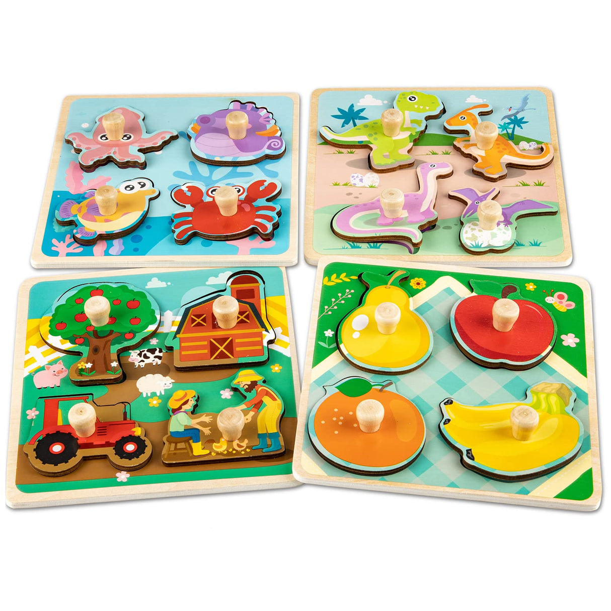 Wooden Toddler Puzzles, Funsland Peg Puzzles Gifts Toys, 4 Pcs Eco Friendly Animal Patterns Jigsaw with Handles, Infant Kid Fine Motor Skill Learning Educational Montessori Puzzles for 1 2 3 Years Old Funsland