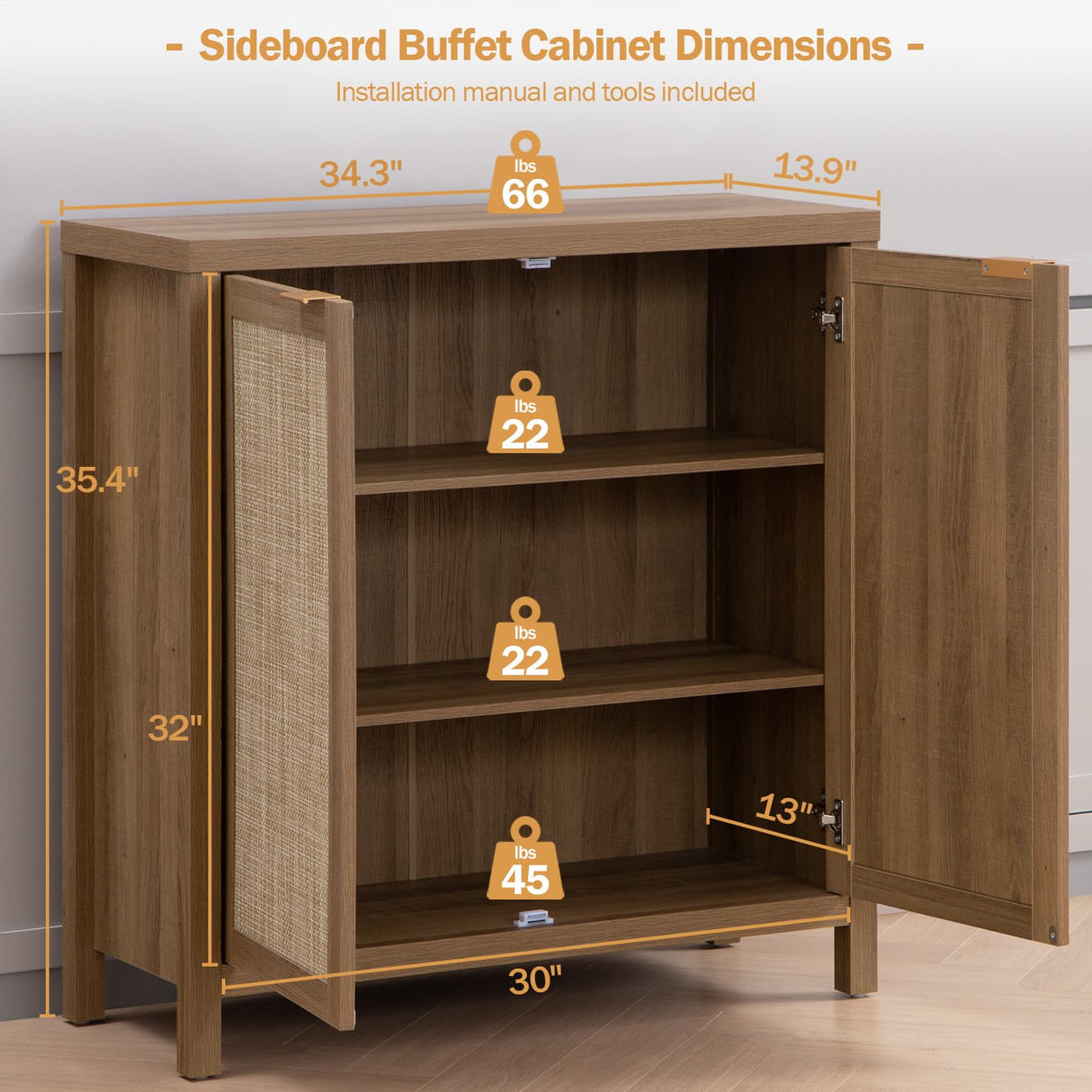 SICOTAS Rattan Sideboard Buffet Credenza Cabinet - 2 Pieces Farmhouse Kitchen Coffee Bar Cabinet with Rattan Decorated Doors - Boho Chest Storage Buffet Cabinet - Oak SICOTAS