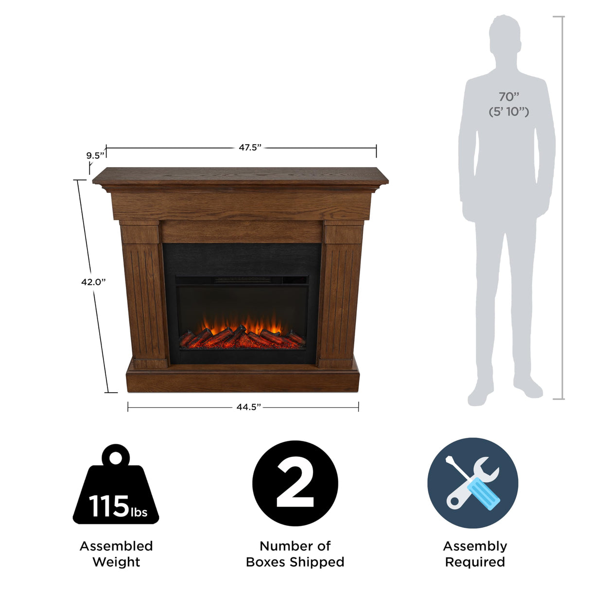 Real Flame Crawford 48" Slim Electric Fireplace with Mantel for Living Room or Bedroom, Replaceable Fireplace Insert Heater, Realistic Log and Flame Effect, Remote Control, Timer. Real Flame