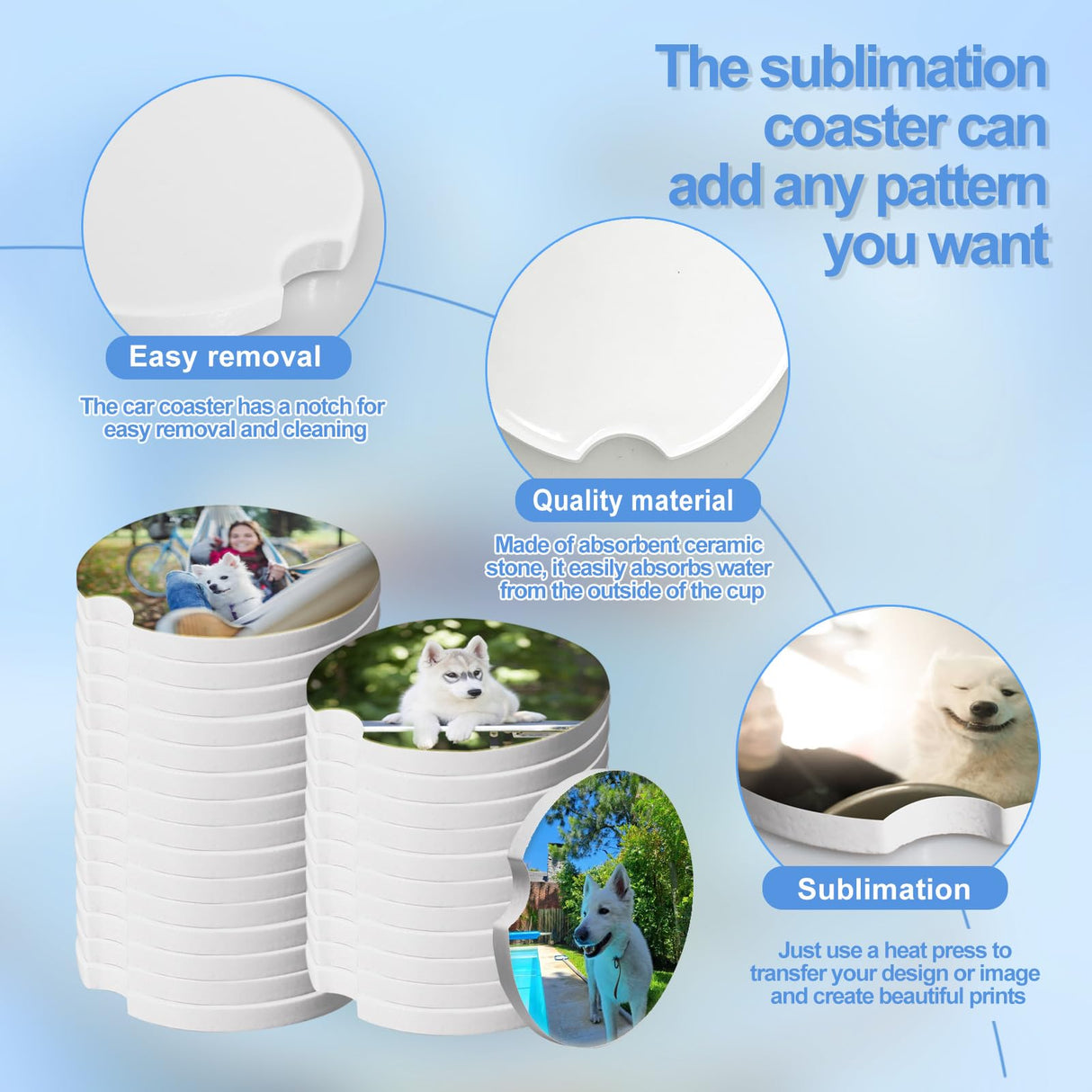 312 Pcs Ceramic Car Coasters with Bags and Cards Set 2.64” Sublimation Car Coasters Blanks Bulk Ceramic Car Cup Holder Coasters with A Finger Notch for Easy Removal Car Coaster Packaging DIY Craft Olutacot