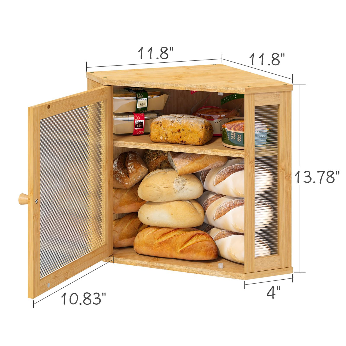 viewcare Corner Bread Box for Kitchen Counter, Bamboo Wood Large Capacity Bread Storage Bin with Acrylic Wavy Door Panel (Natural, Meduim) viewcare