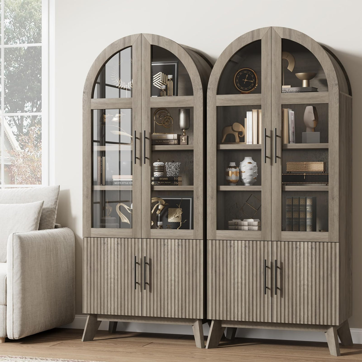 RNLRNL 71" Modern Fluted Display Cabinet with Glass Door, Arched Curio Cabinet with Adjustable Shelf, Bookcase for Collectibles Books, Storage Cabinet for Living Room, Dining Room, Grey RNLRNL