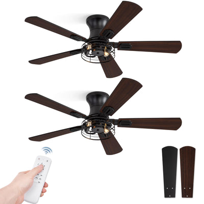 2 Pack Flush Mount 42 Inch Farmhouse Ceiling Fan with Light, Caged Ceiling Fans for Bedroom Living Room, Double-Sided 5 Blades Rustic Ceiling Fan-Black