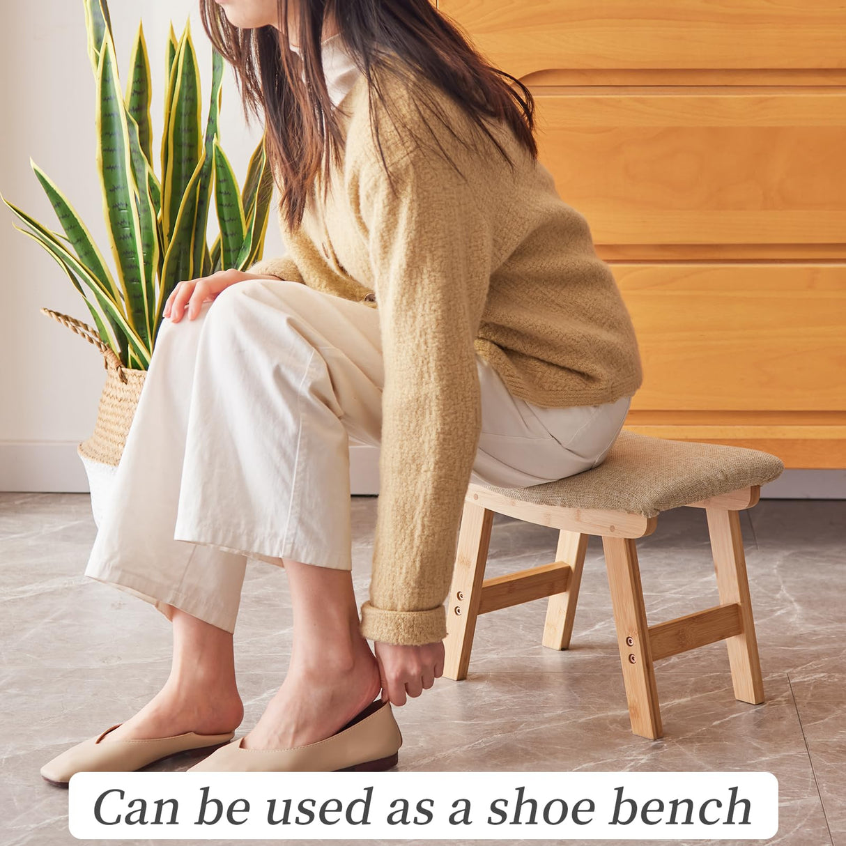 Foot Stool,Ottoman,Bamboo Small Sofa Foot Rest Under Desk,Extra Seating for Living Room, Bedroom and Kitchen (Natural Stool Legs - Beige Surface) Kitsanery