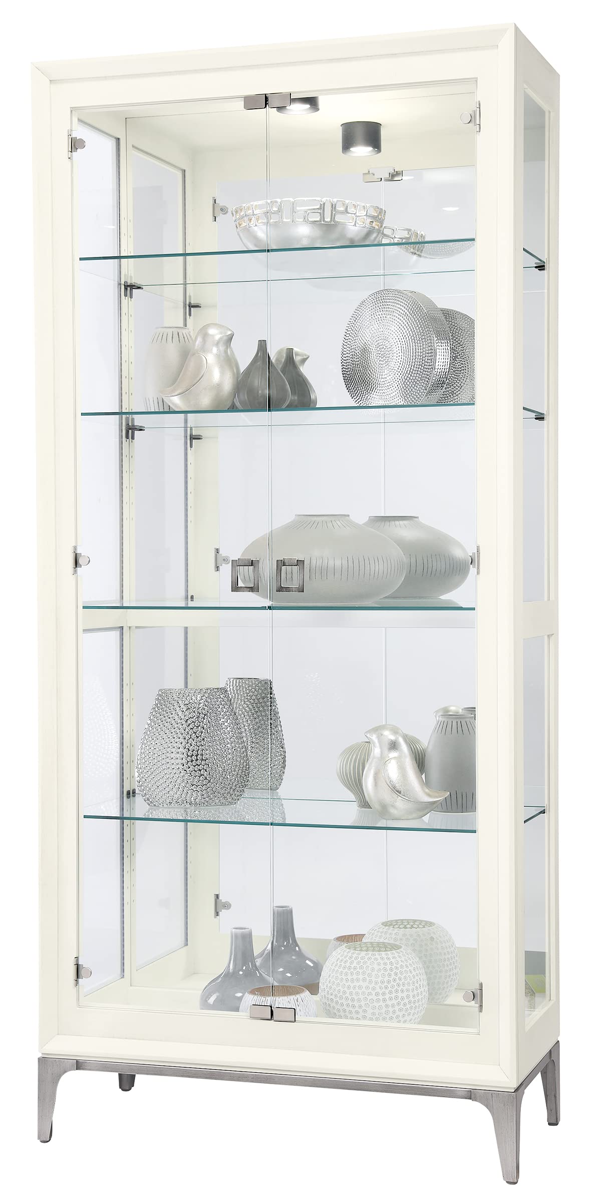 Howard Miller Sheena II Curio Cabinet – White Wire Brushed Display Cabinet Reclaimed Wood Look Aged Nickel Base & Square Pulls Hinged Glass Doors Adjustable Shelves & Mirrored Back for Home Decor Howard Miller
