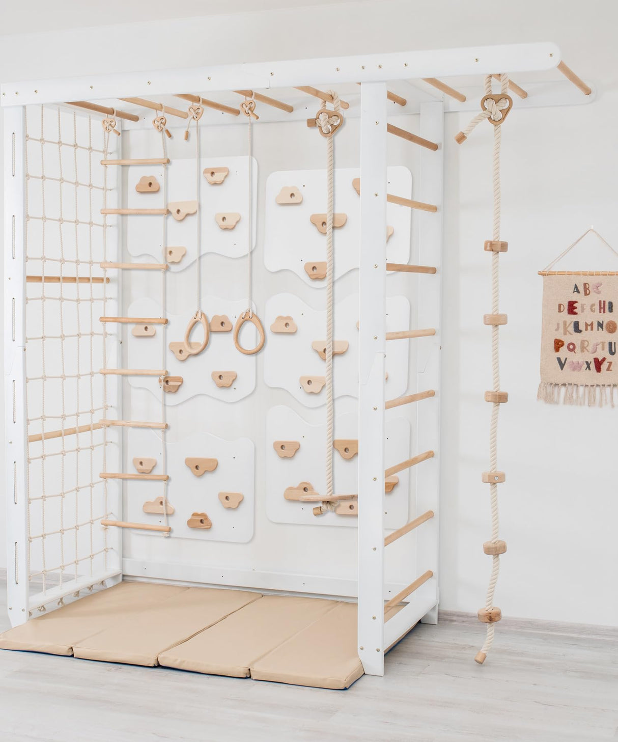 Woodandhearts Swedish Ladder Indoor Kids Gym, Montessori Play Gym Climbing Set, Wooden Indoor Playground for Toddlers with Accessories (with 6 Wall Panels, Big Bridge) Wood And Hearts