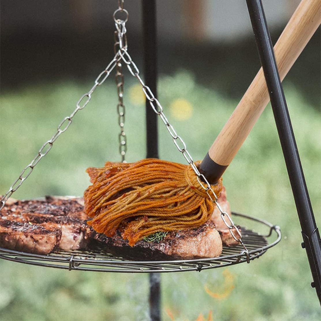 WHTCHSU 11.2 Inch Grill Basting Mop Wooden Long Handle with 1 Extra Replacement Heads for BBQ Grilling Smoking Steak WHTCHSU