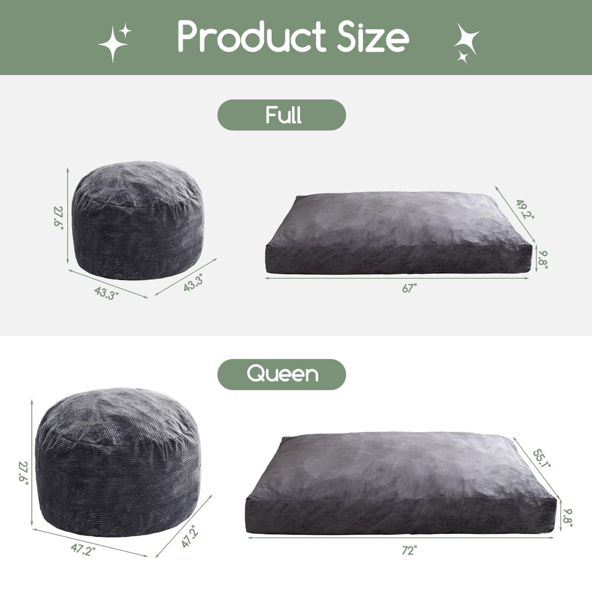 HIGOGOGO Giant Bean Bag Chair Bed for Adults,Convertible Beanbag Folds from Lazy Chair to Floor Mattress Bed,Large Floor Sofa Couch for Adult,Couples,Family,High-Density Foam Filling, Machine Washable HIGOGOGO