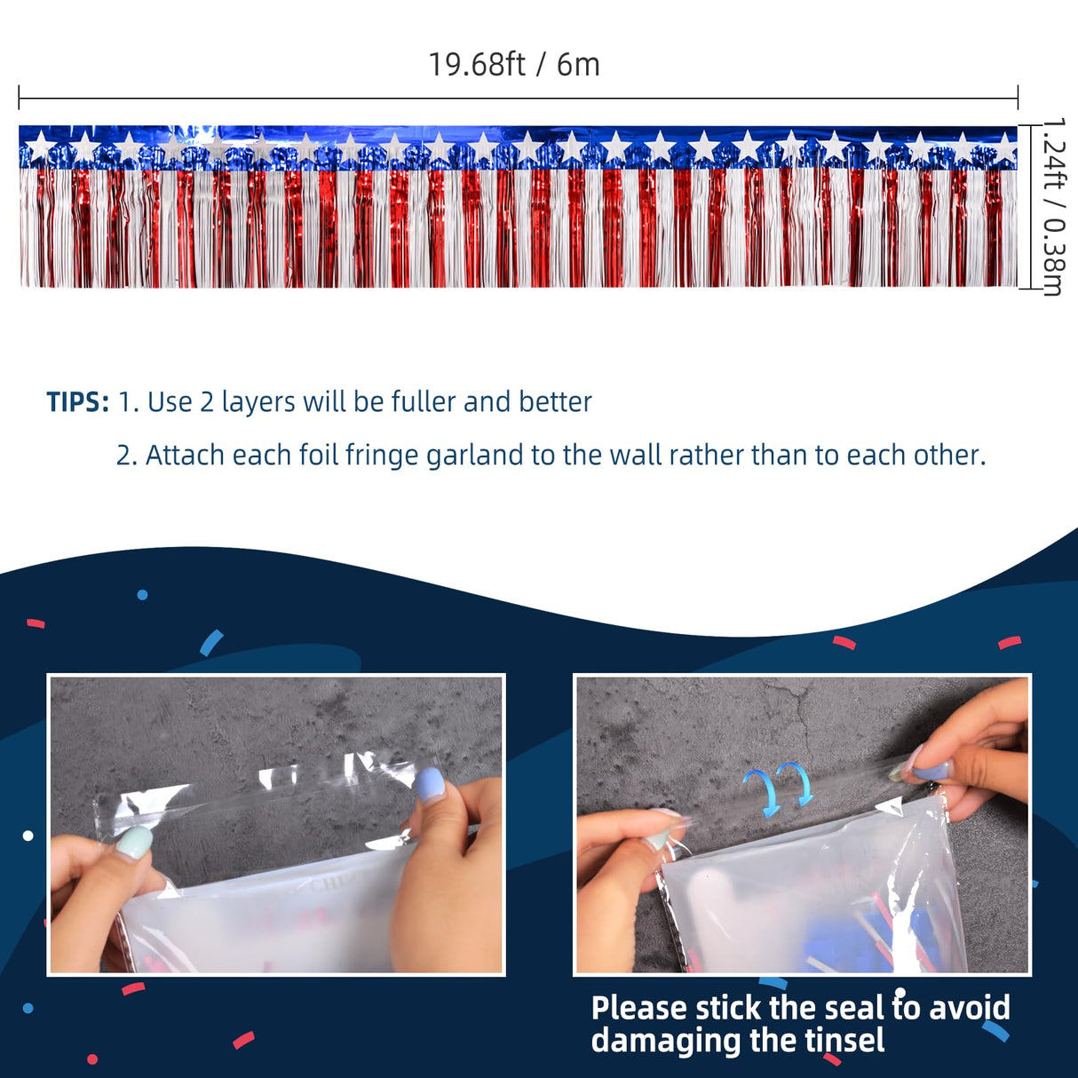 Mega-L 4th of July Decorations 2Packs 39 Feet Foil Fringe Garland Tinsel Streamers, Red White and Blue Star Metallic Hanging Backdrop Banner Table Skirts for Parade Floats Memorial Day Patriotic Party Mega-Loopolis