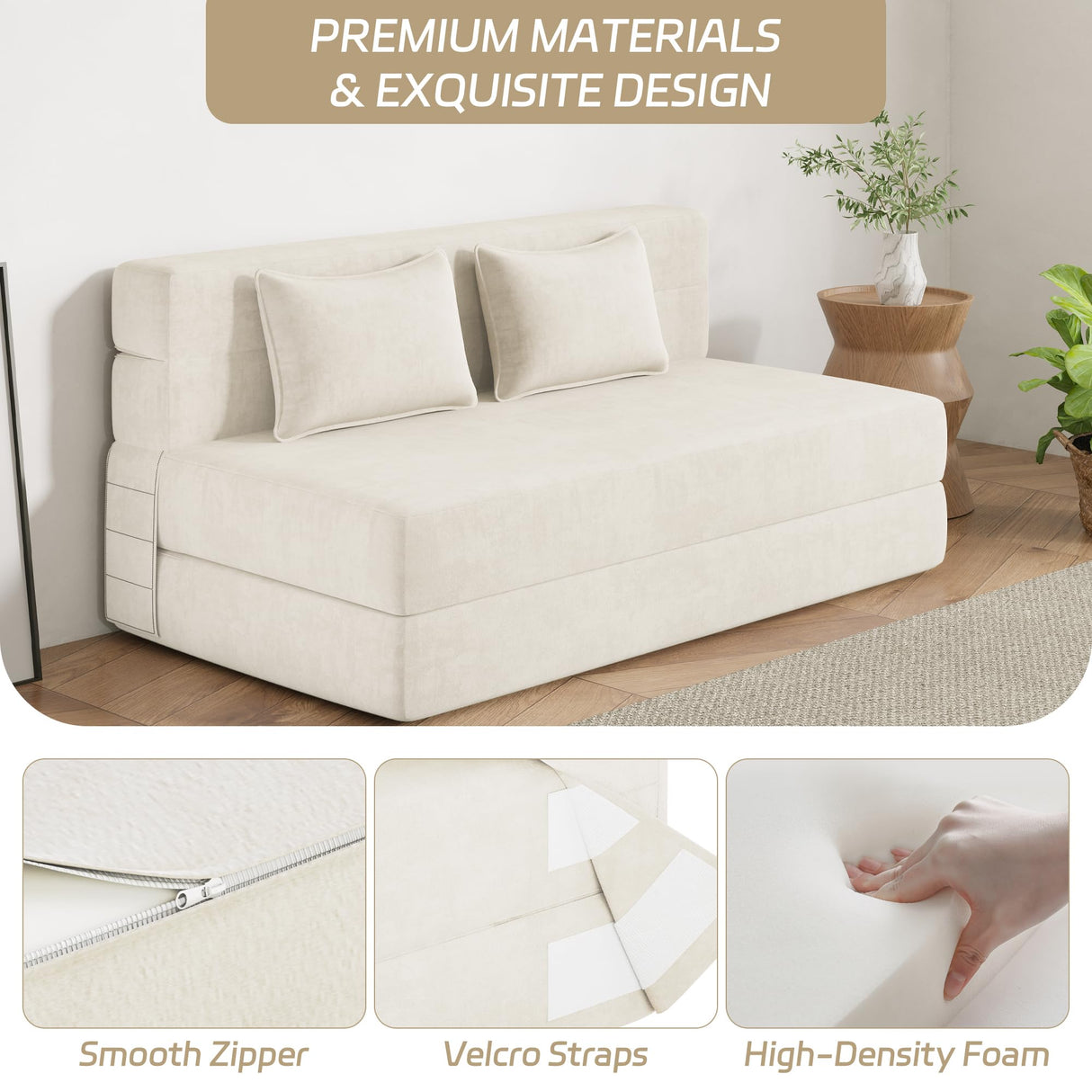 Luoxiao Folding Sofa Bed Convertible Sleeper Chair Full Size with Pillows, Foldable Futon Lazy Floor Sofa Bed, Portable Fold Out Chair Bed for Living Room/Dorm/Guest Room, Washable Cover, Off White Luoxiao