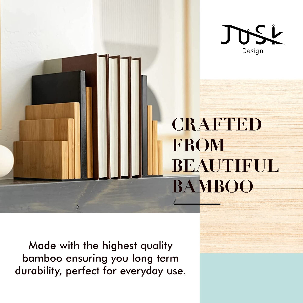 JUSK Design Bamboo Book End/Book Organizer - Non-Skid Decorative Bookends for Office and Home - Book Holders for Shelves - Substantial Weight - Holds Heavy Books JUSK