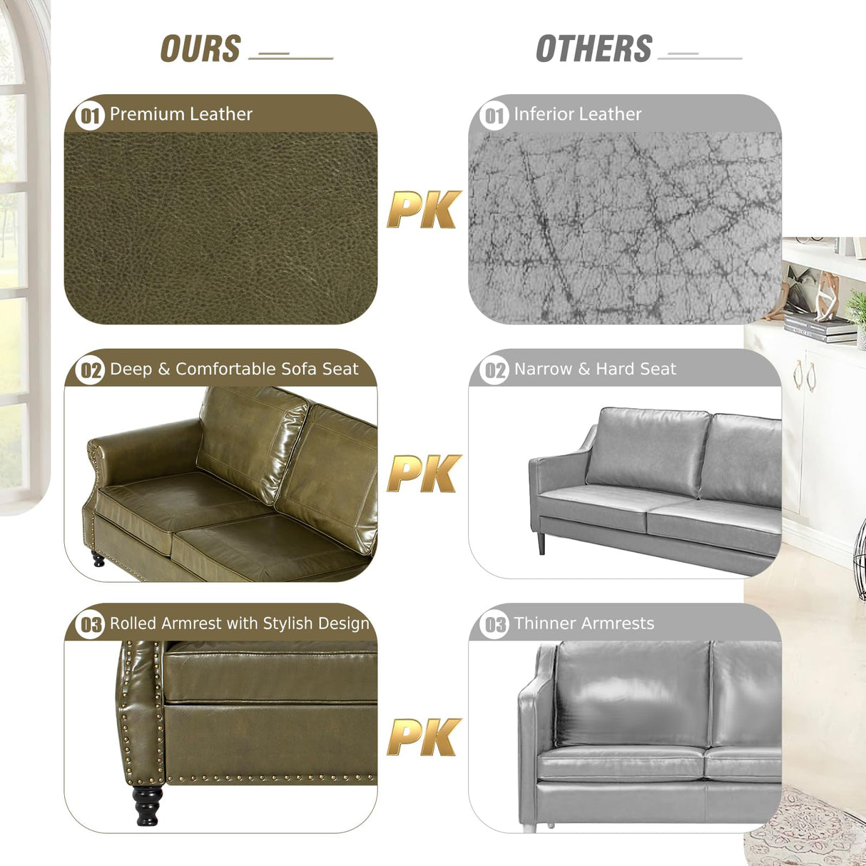 Nansiee 80” Traditional Faux Leather Sofa with Nailhead Trim, Classic 3-Seat Couch with Turned Wooden Legs, Mid-Century Sofa with Rolled Armrest for Living Room, Office, Olive Green Nansiee