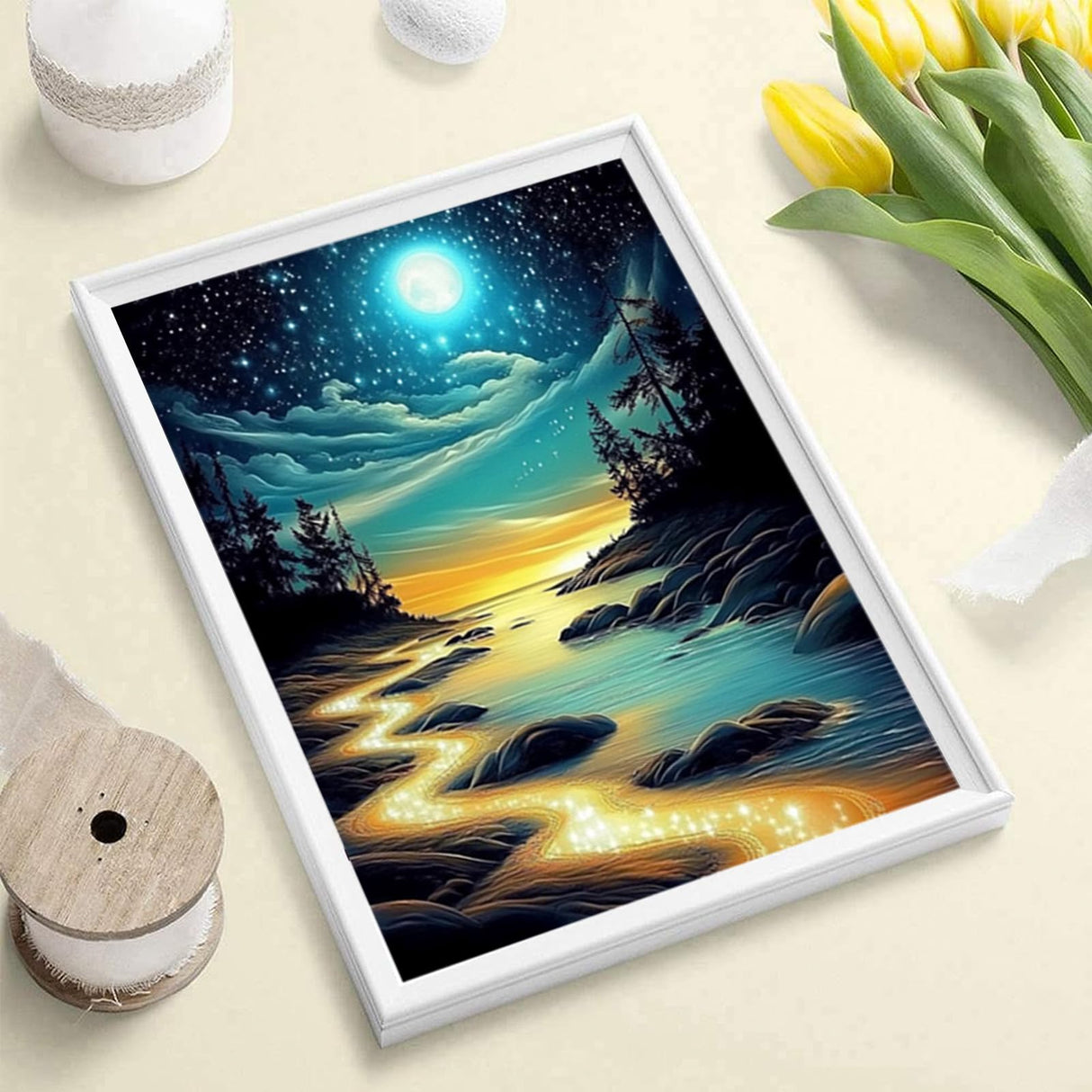 Moon Beach Diamond Art Kit for Adults,5D Full Drill Round Diamond Dot Painting for Beginners,DIY Paint with Diamond Beach Gem Art Painting Adult Crafts for Wall Decor 12x16Inch DIYDECORFUN