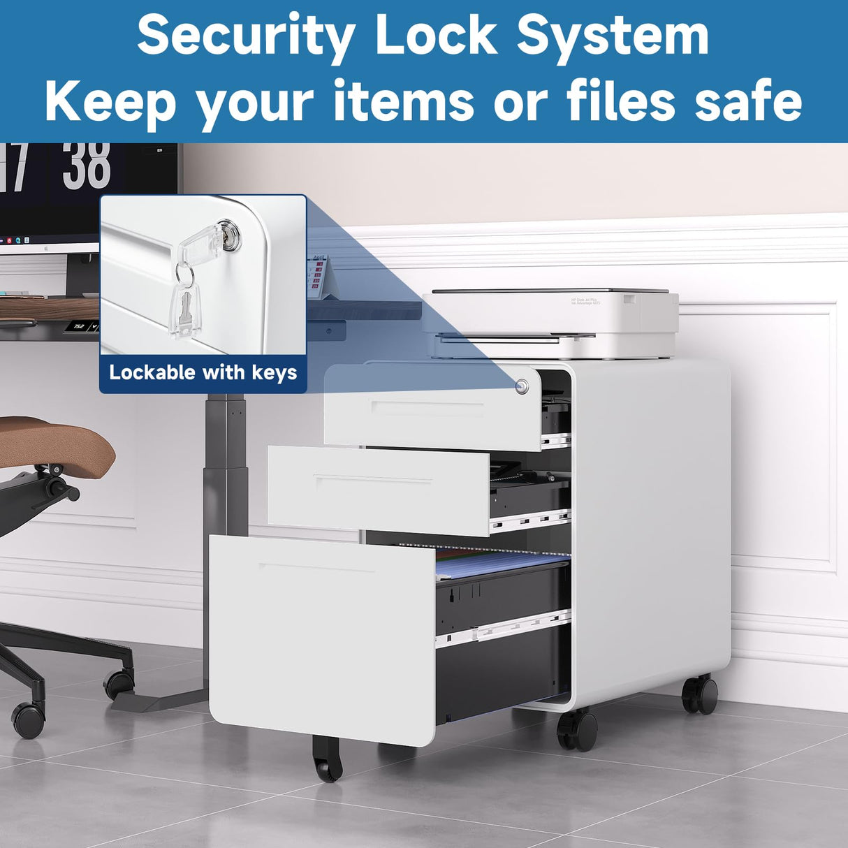 AFAIF 3 Drawer File Cabinet with Lock, Metal Filing Cabinets for Home Office, Small Rolling File Cabinet Under Desk Office Drawer Mobile Storage Cabinet fits Letter/Legal/A4 Size, White AFAIF