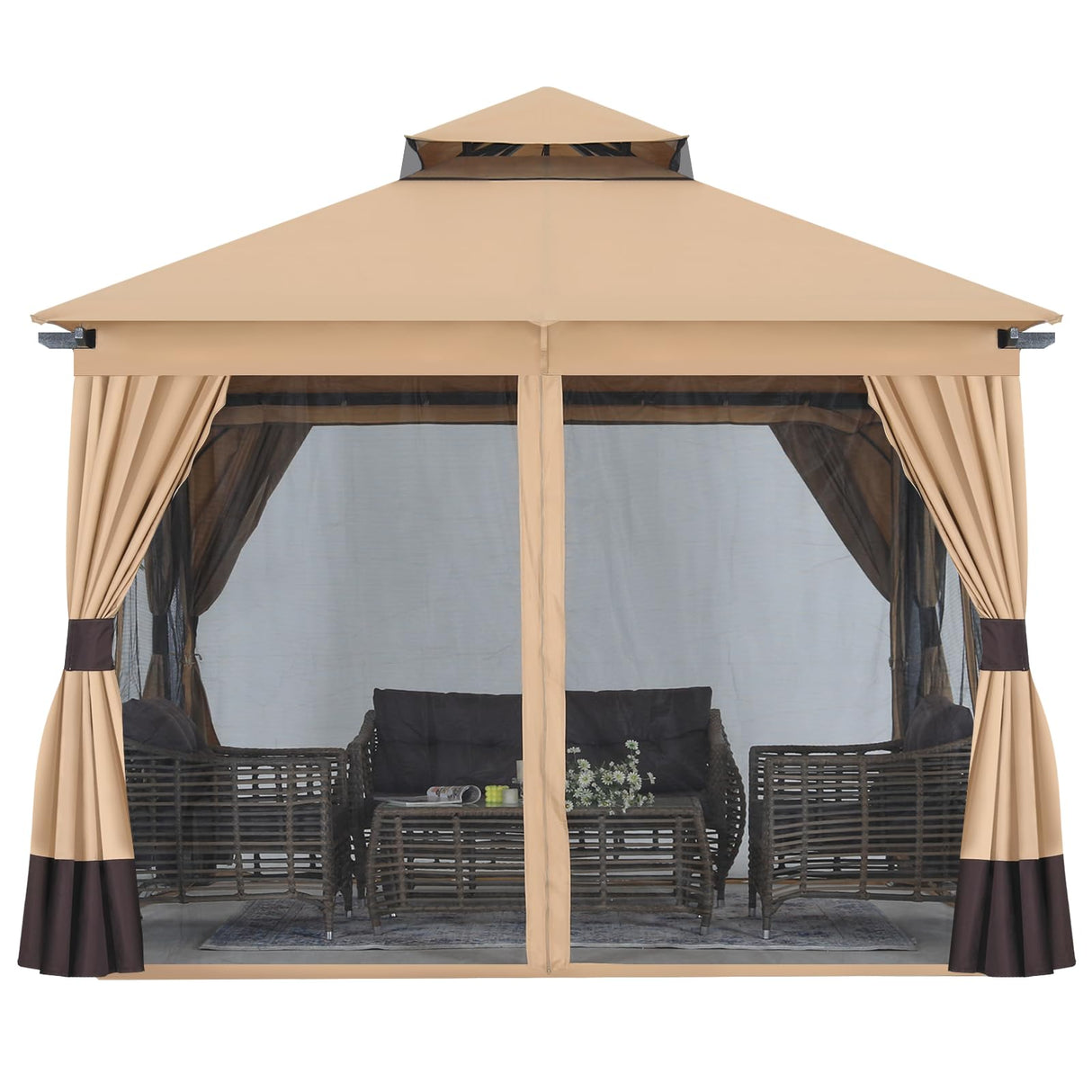 MASTERCANOPY 10x10FT Outdoor Patio Gazebo with Double Roofs, Mosquito Netting and Privacy Screens for Backyard, Garden, Lawn, Beige MASTERCANOPY