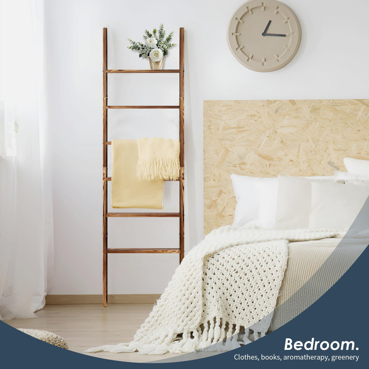 6-Tier Blanket Ladder Wooden, 5.7FT(66.5'') Blanket Quilt Towel Holder Rack Decorative Ladder, Easy Assembly, Rustic Farmhouse Ladder Shelf for The Living Room Bedroom Bathroom Home Decor, Brown Delywh