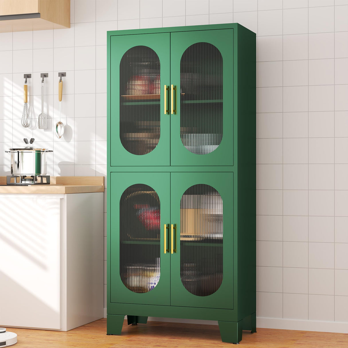 pozdeg Metal Storage Cabinet,Pantry Kitchen Storage Cabinets with 4 Doors,2 Adjustable Shelf,Floor Storage Cabinet for Kitchen, Laundry Room, Home Office, Kids Room(Green) pozdeg