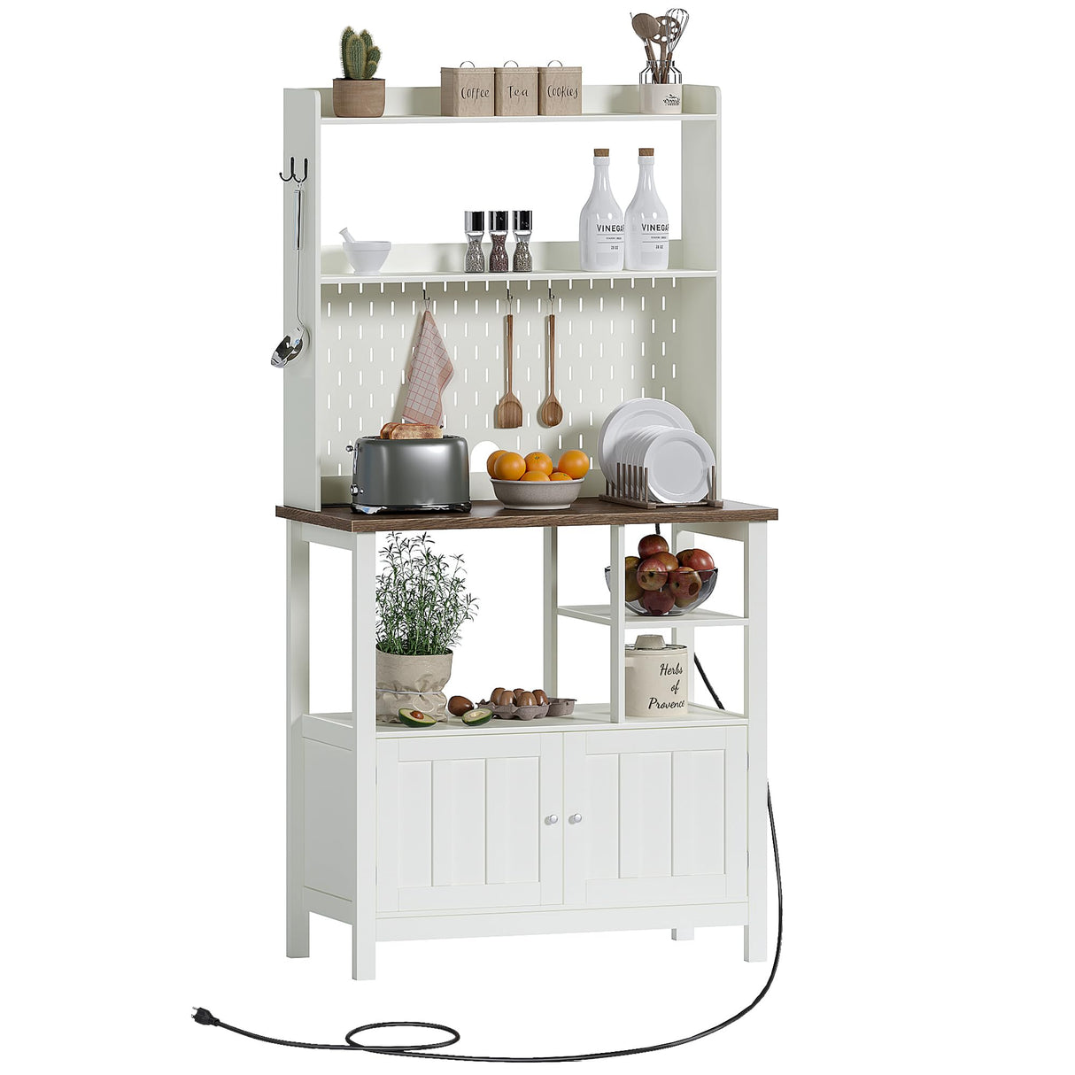 ChooChoo Pantry Cabinet with Charging Station, Kitchen Storage Cabinet with Microwave Stand, Farmhouse Kitchen Hutch with Storage for Living Room, Dining Room, Soft White ChooChoo