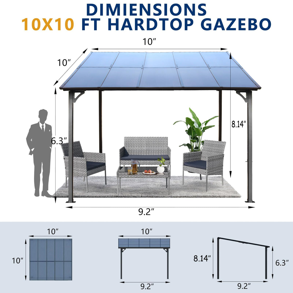 Gazebo for Patio,Hard Top Lean to Gazebo Pergola with Roof Metal Frame Wind and Snow Resistant Wall Mount Heavy Gazebo Outdoor Pergola for Patio Garden Lawn Backyard Deck Clearance On Gazebos 10'x10' CuisinSmart