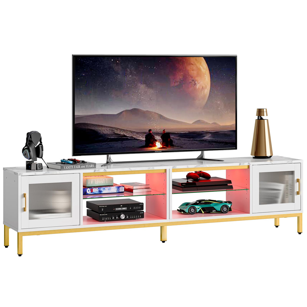 Bestier 80 inch TV Stand for TVs Up to 85", 4 in 1 Entertainment Center with LED Lights, Modern Media Console Table with Storage Cabinet & Adjustable Shelves, for Living Room Bedroom, White Marble Bestier