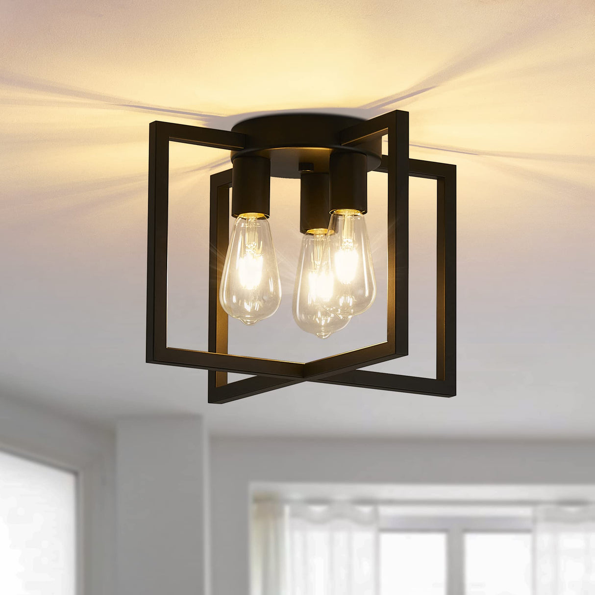 Bosomfr 3-Light Ceiling Light Fixture, Black Semi-Flush Mount Chandelier with Geometric Metal Shade, Farmhouse Industrial Lighting for Kitchen Living Room Bedroom Hallway Foyer, E26 Base Bosomfr