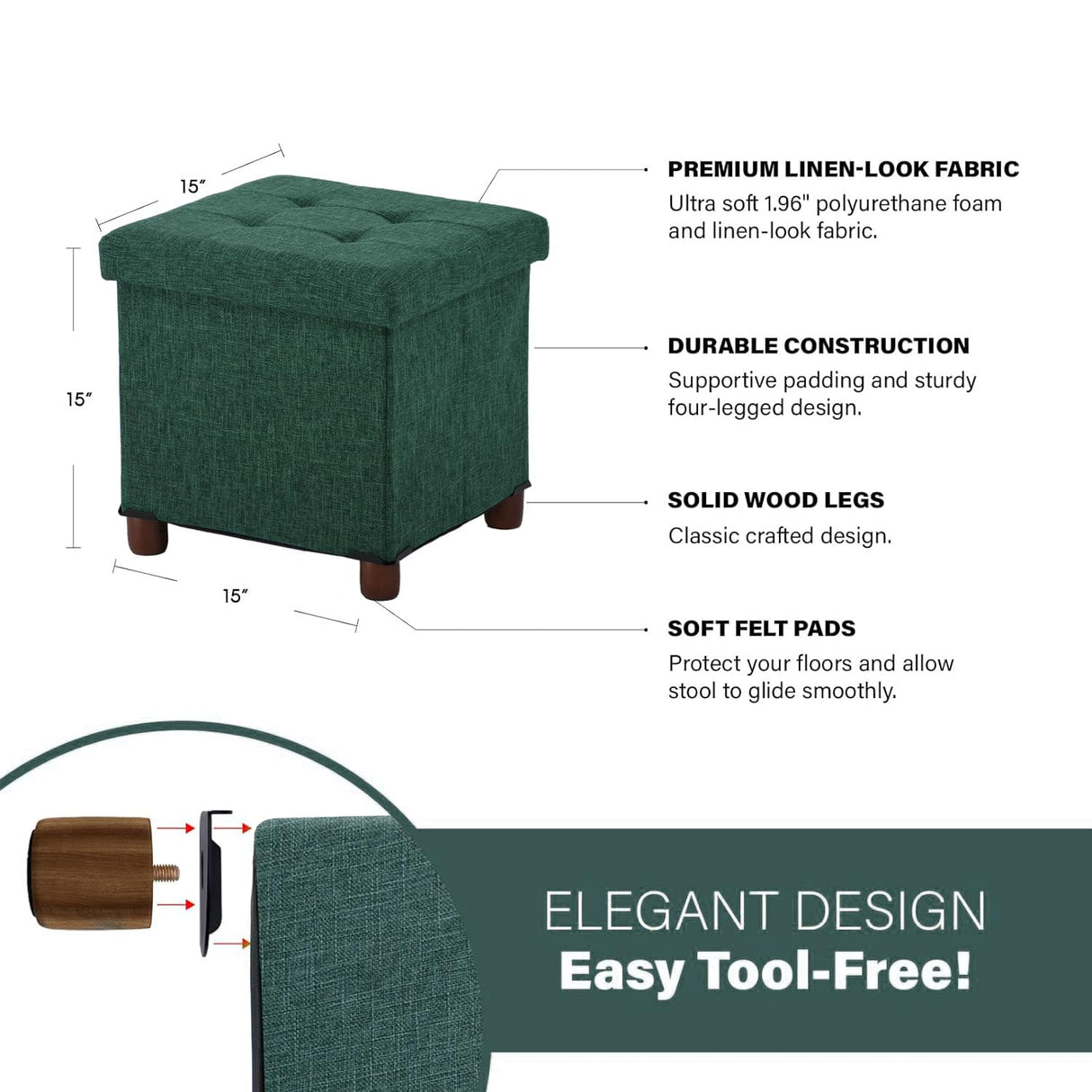 15 Inches Storage Ottoman with Wooden Legs, Cube Foot Rest Stool/Square Footstool Storage for Living Room, Foldable Fabric Ottoman, Comfortable Seat with Lid, Space-Saving Green Ao Lei