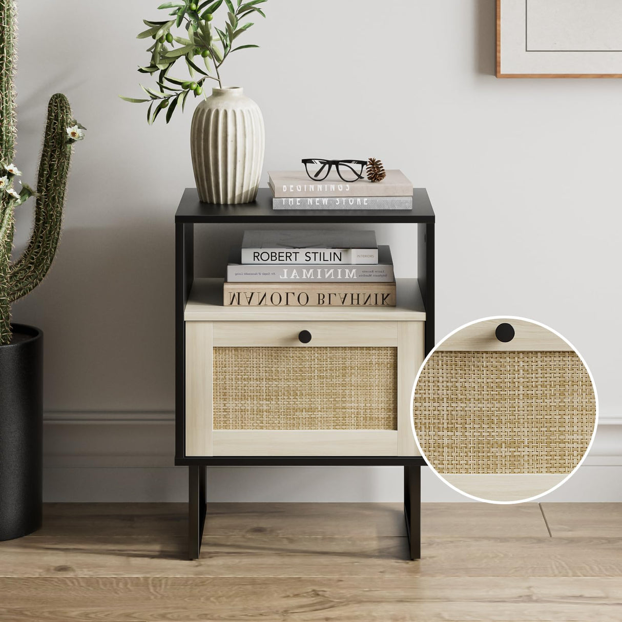 Masupu Boho Night Stand, Small Rattan Side Table, Wood Nightstand with Drawer and White Oak Shelf, Bedside Table, End Table for Bedroom,Living Room,Office (Black Frame) Masupu