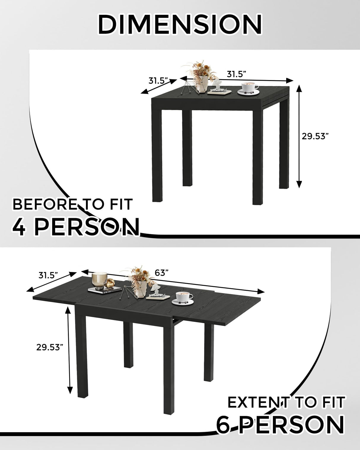 Aluminum 31"-63" Extendable Outdoor Dining Table Set for 4-6 Person, Expandable Patio Table with Wood Pattern Tabletop for Backyard, Deck, Black Fitenlor